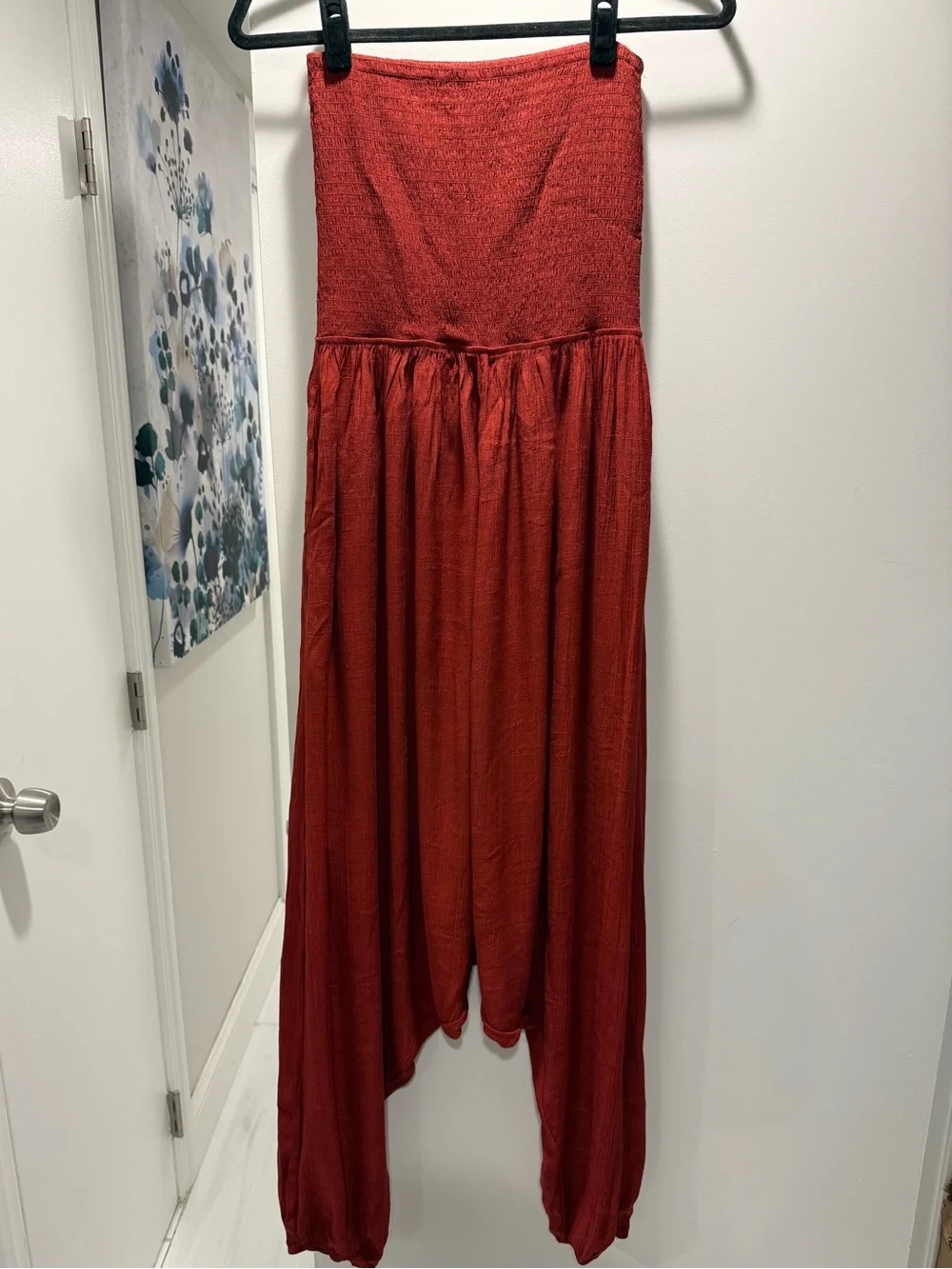HALARA Rust Red Strapless Smocked Jumpsuit